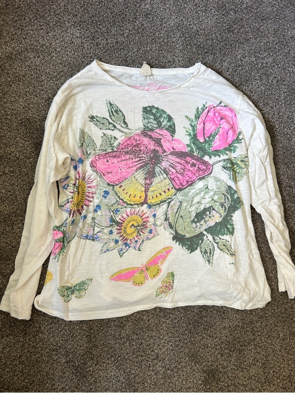 Magnolia Pearl distressed White long sleeve Tee with butterfly Graphic